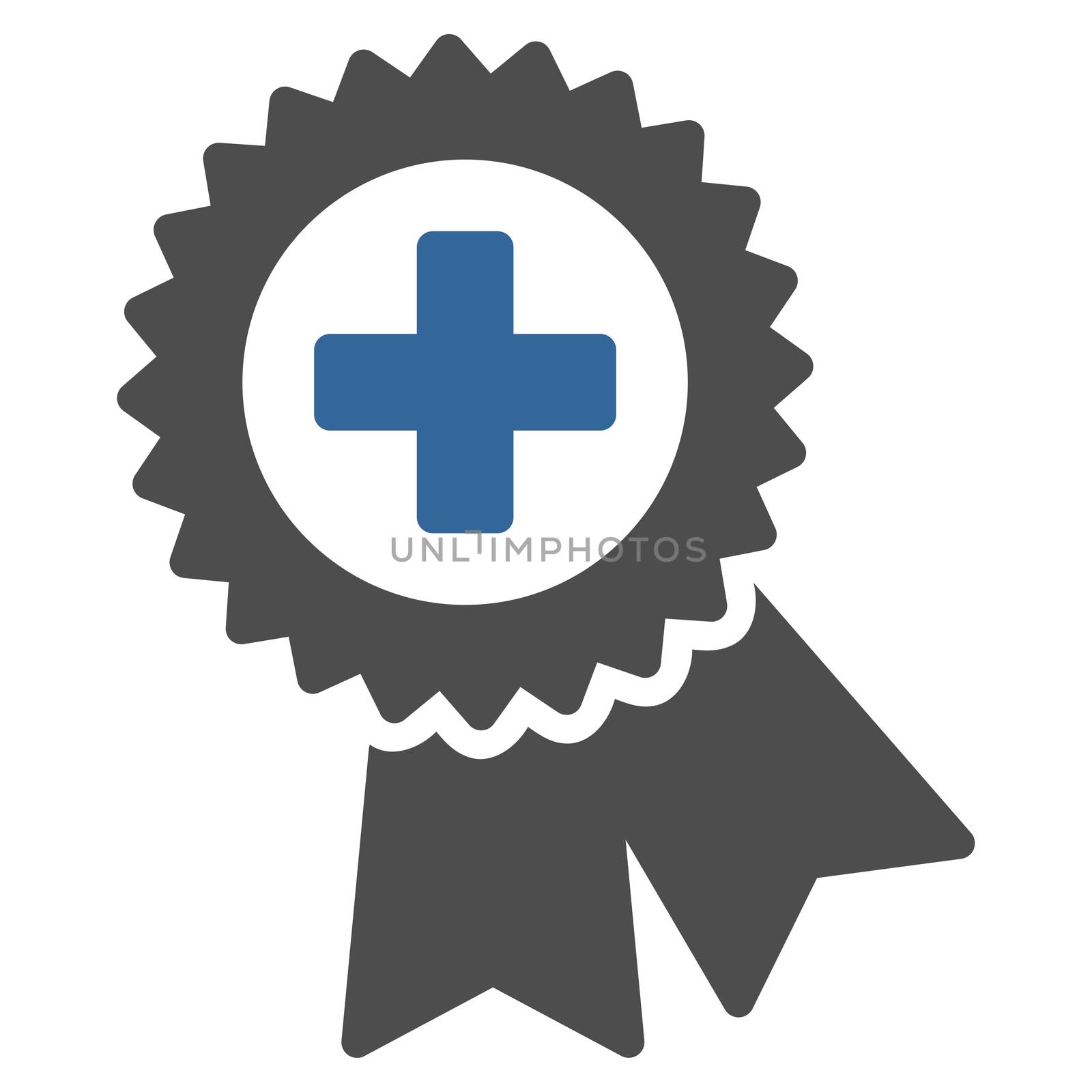 Medical Quality Seal raster icon. Style is bicolor flat symbol, cobalt and gray colors, rounded angles, white background.
