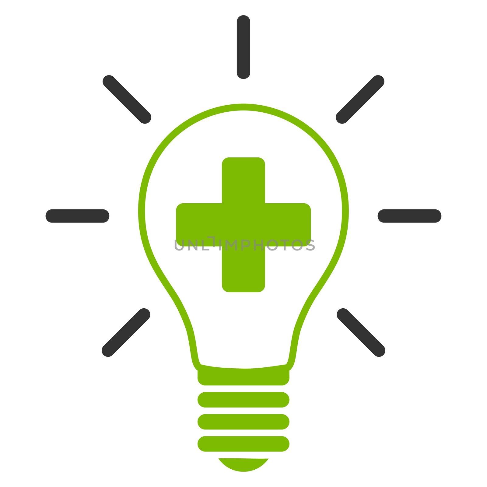 Creative Medicine Bulb raster icon. Style is bicolor flat symbol, eco green and gray colors, rounded angles, white background.