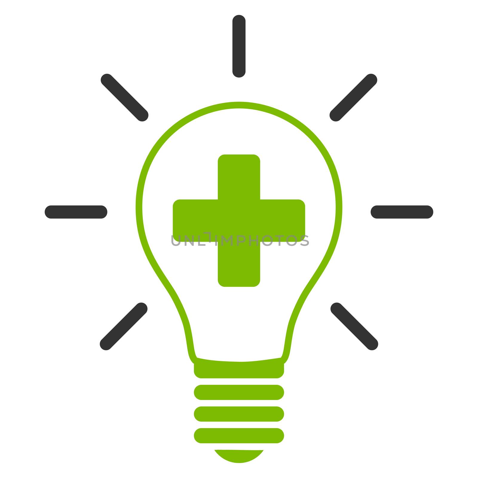 Creative Medicine Bulb raster icon. Style is bicolor flat symbol, eco green and gray colors, rounded angles, white background.