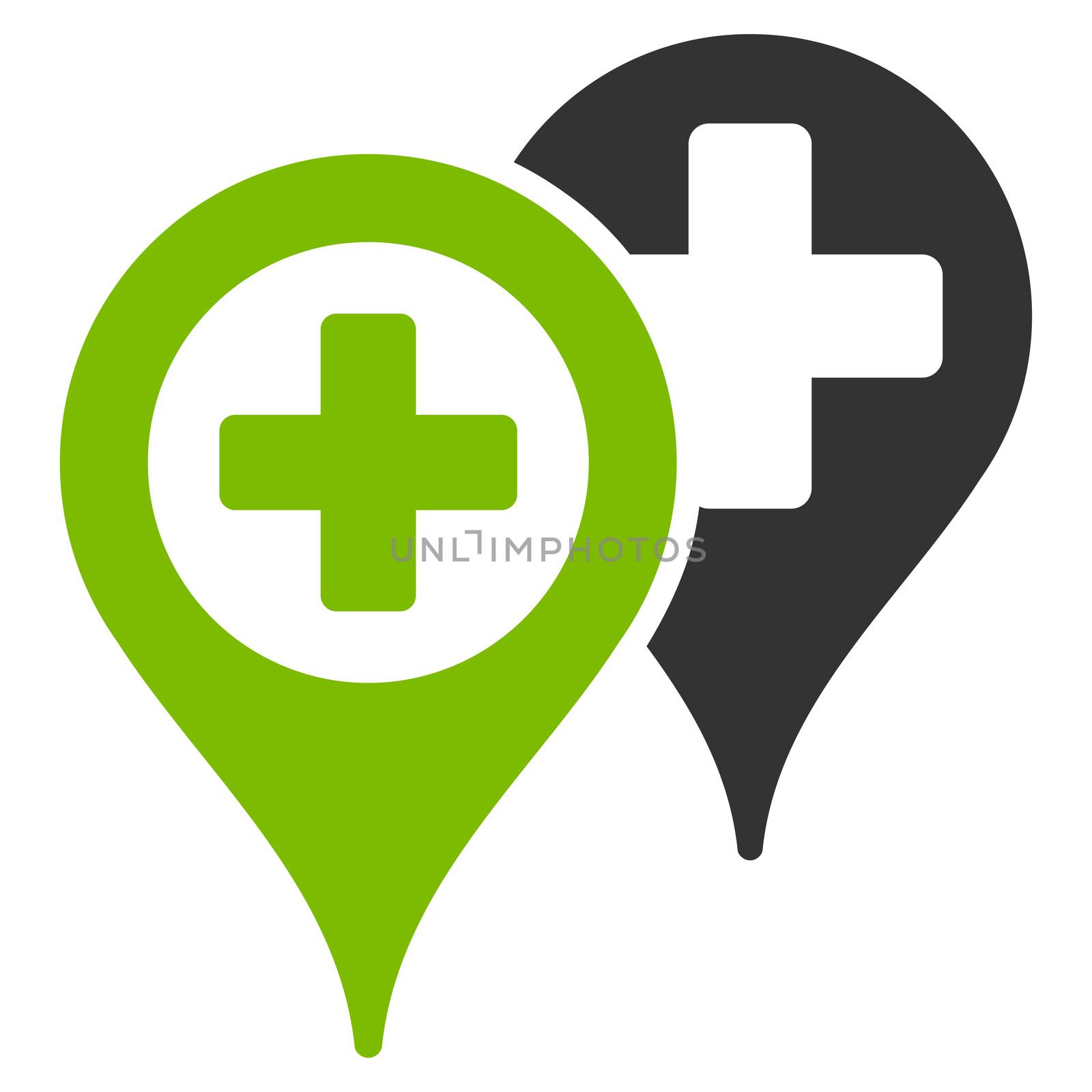 Hospital Map Markers raster icon. Style is bicolor flat symbol, eco green and gray colors, rounded angles, white background.