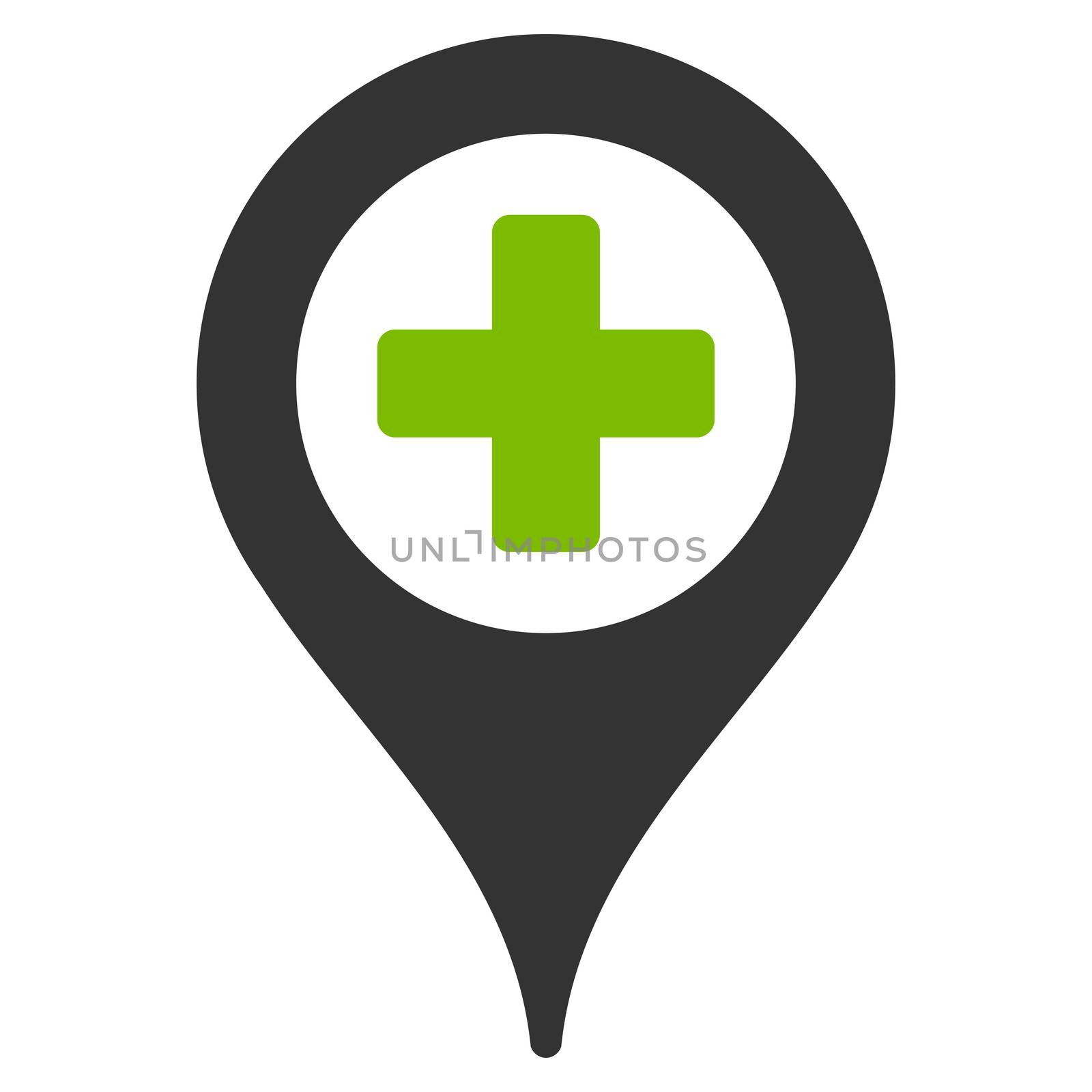 Hospital Map Pointer raster icon. Style is bicolor flat symbol, eco green and gray colors, rounded angles, white background.