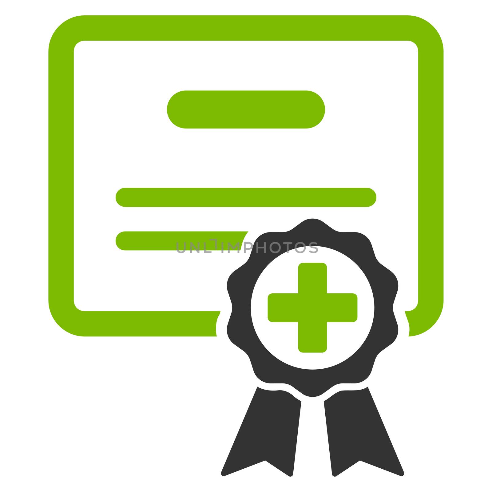 Medical Certificate raster icon. Style is bicolor flat symbol, eco green and gray colors, rounded angles, white background.