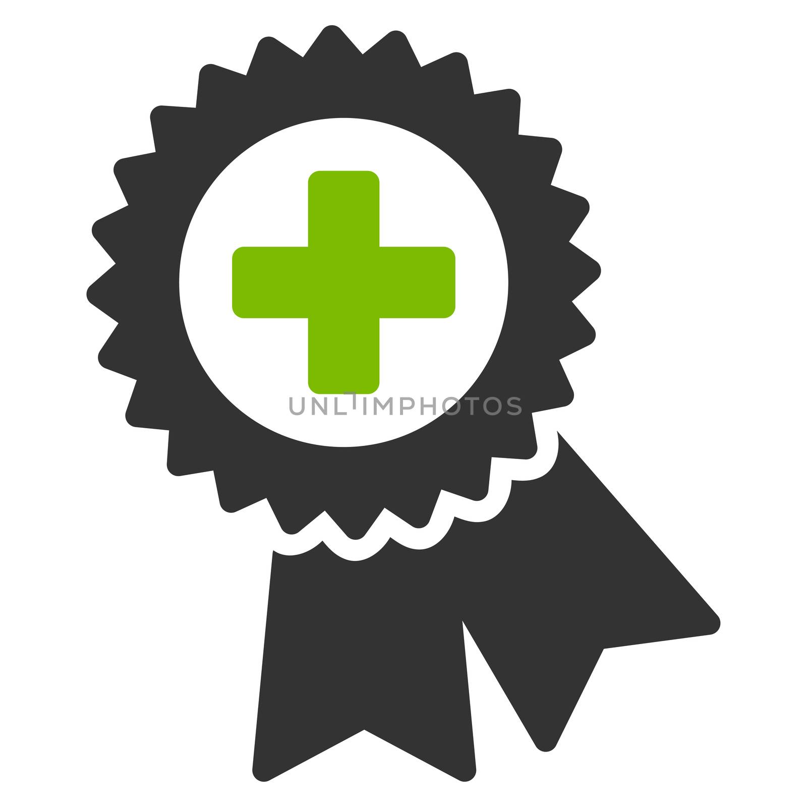 Medical Quality Seal raster icon. Style is bicolor flat symbol, eco green and gray colors, rounded angles, white background.
