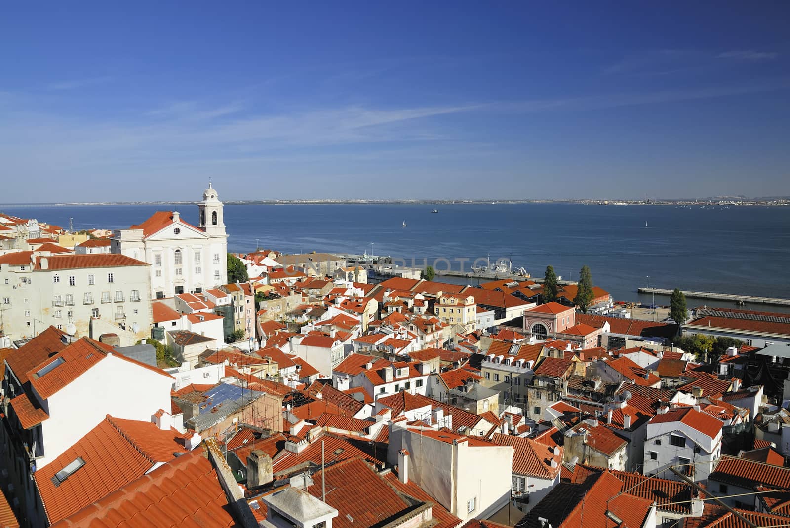 Panorama of old traditional city of Lisbon with red roofs and view of river Tagus.