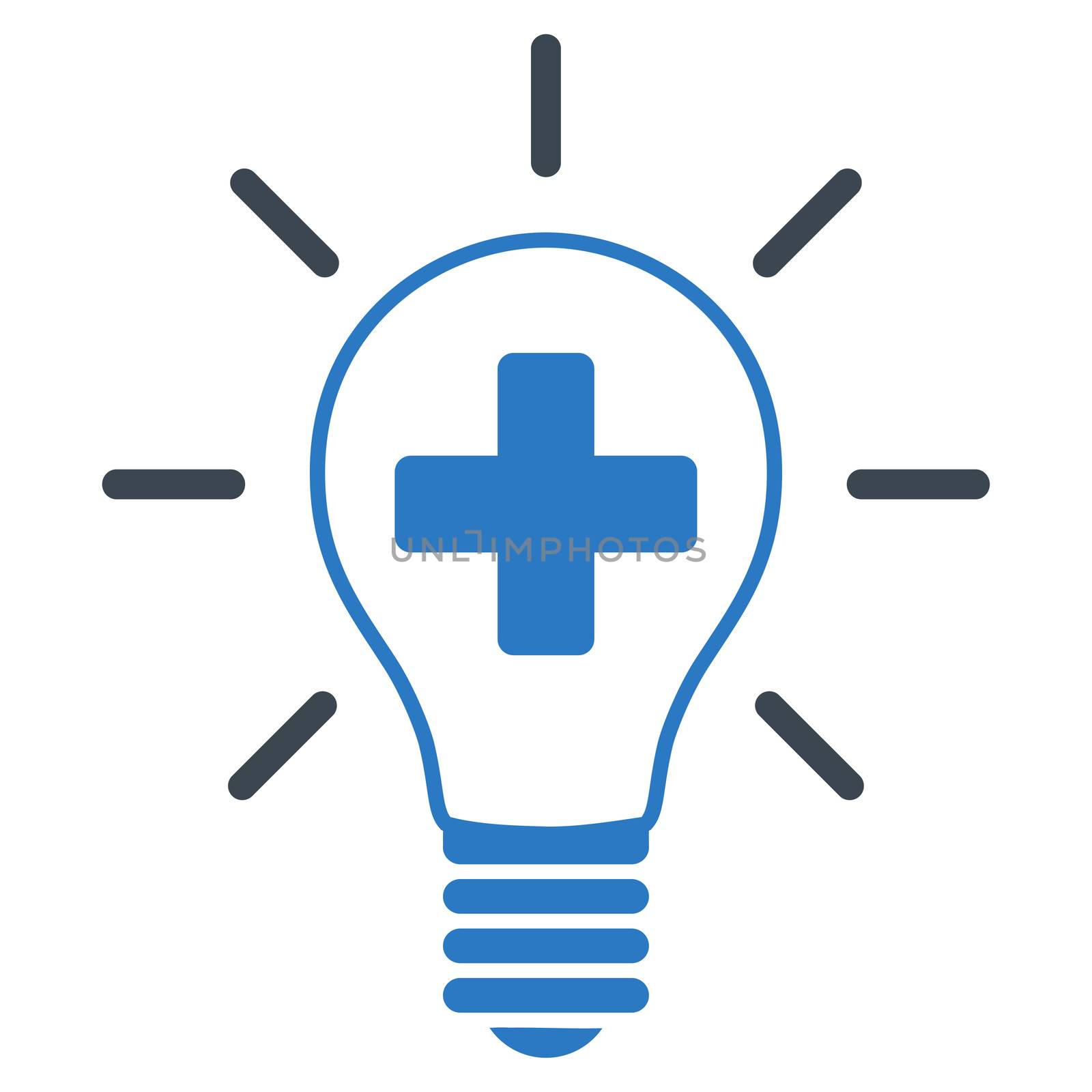 Creative Medicine Bulb raster icon. Style is bicolor flat symbol, smooth blue colors, rounded angles, white background.