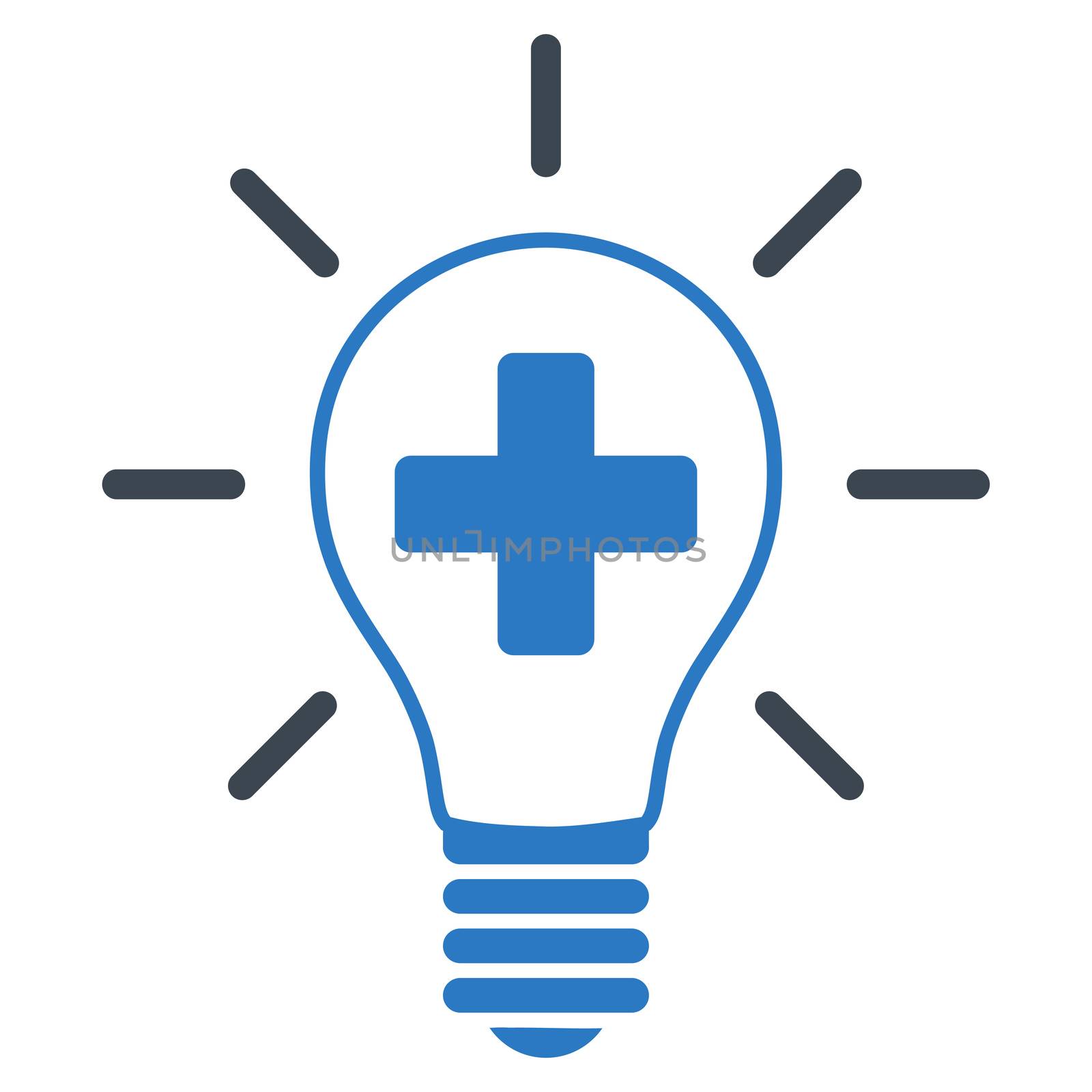 Creative Medicine Bulb raster icon. Style is bicolor flat symbol, smooth blue colors, rounded angles, white background.