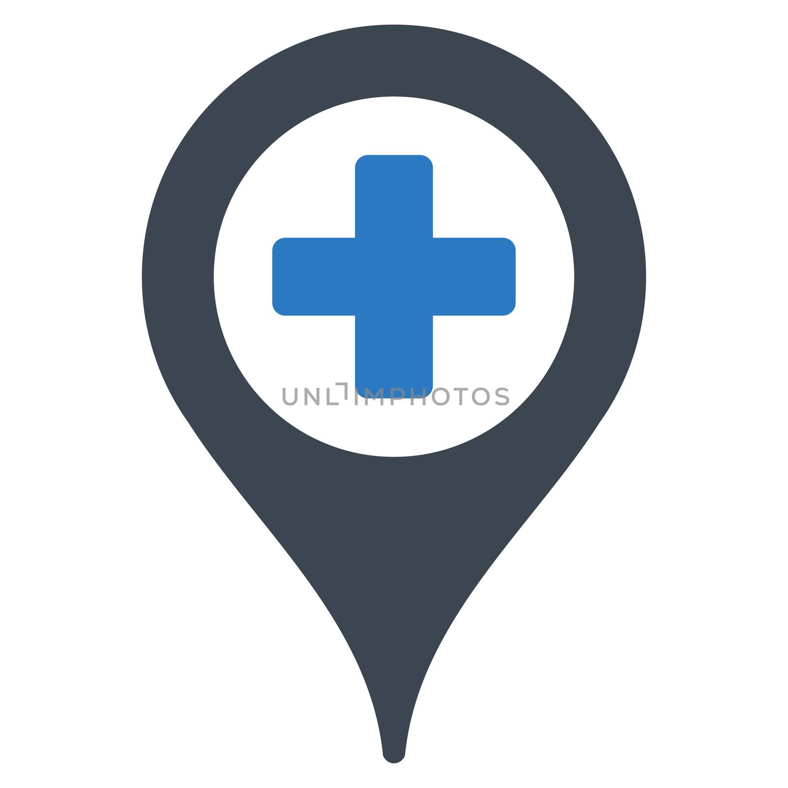 Hospital Map Pointer raster icon. Style is bicolor flat symbol, smooth blue colors, rounded angles, white background.
