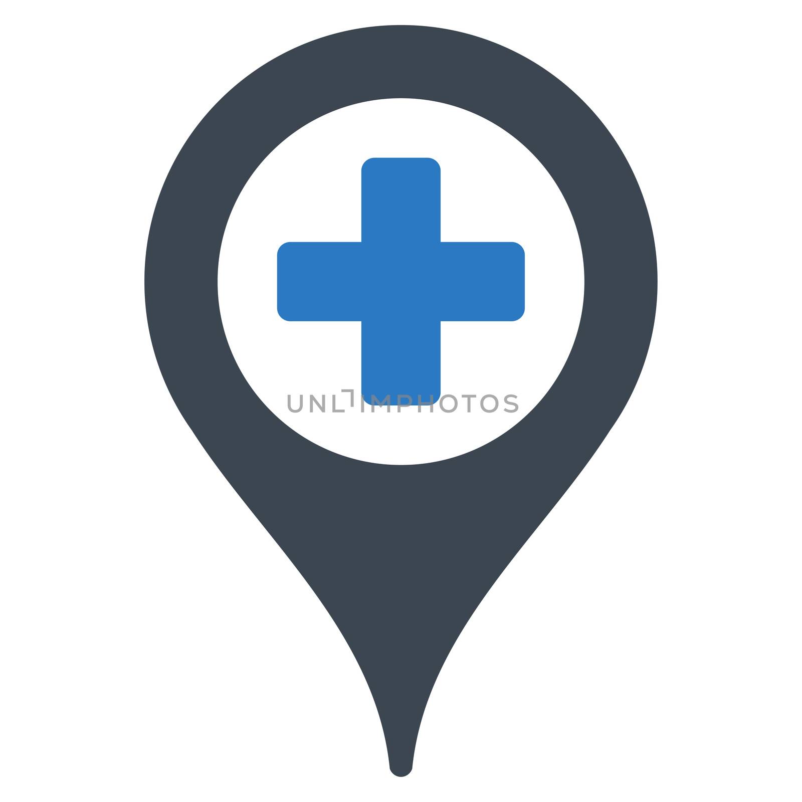 Hospital Map Pointer raster icon. Style is bicolor flat symbol, smooth blue colors, rounded angles, white background.