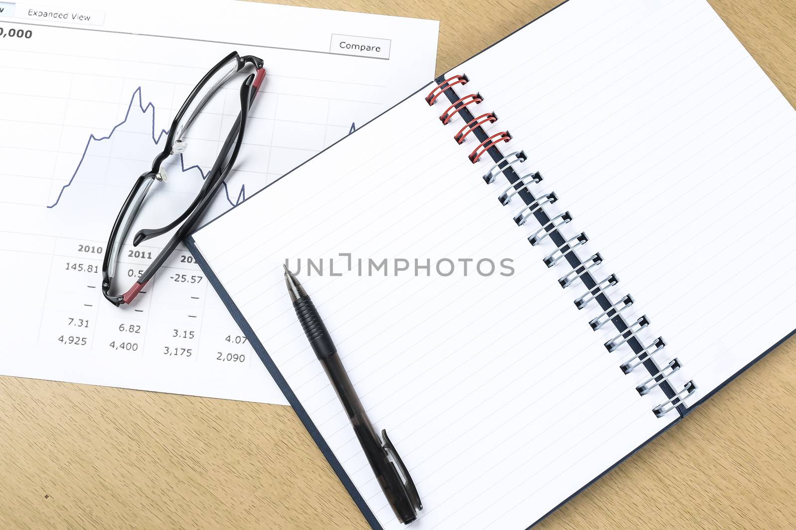 workplace with pen, notebook, glasses and financial report  by simpleBE