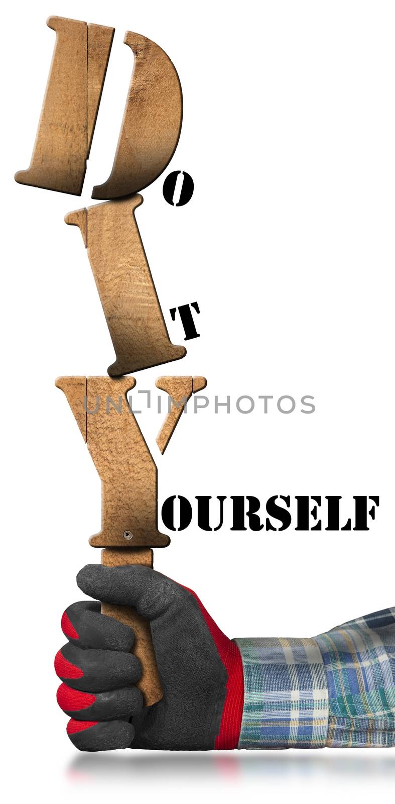 Hand with work glove holding a wooden sign with text Diy (Do it yourself). Isolated on white background