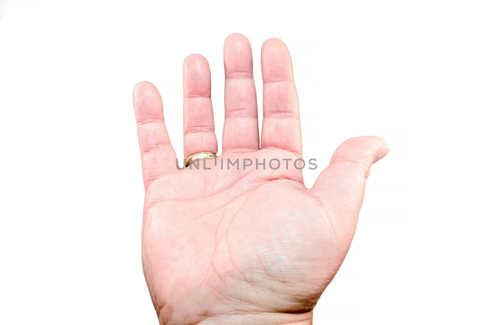 Opened masculine palm of your hand against a white background.