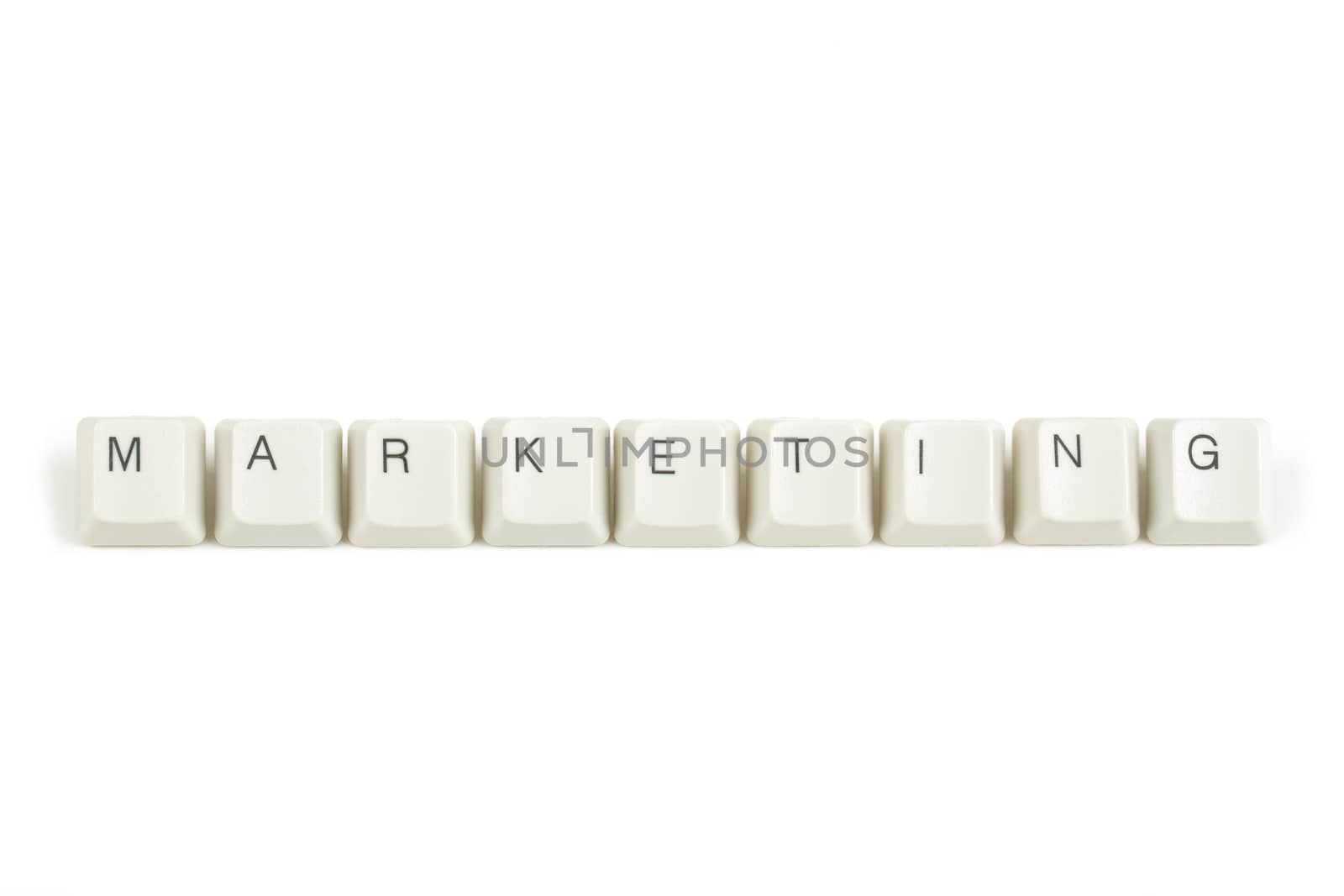 marketing text from scattered keyboard keys isolated on white background