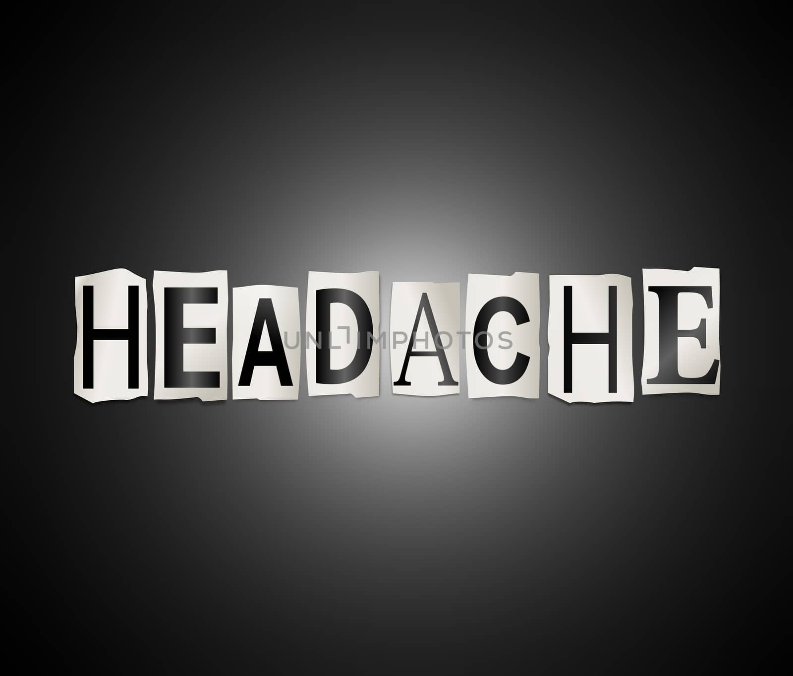 Illustration depicting a set of cut out printed letters arranged to form the word headache.