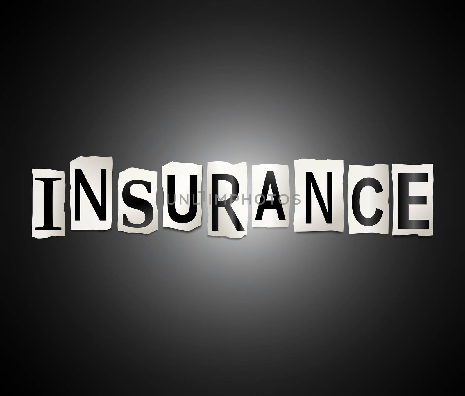 Illustration depicting a set of cut out printed letters arranged to form the word insurance.