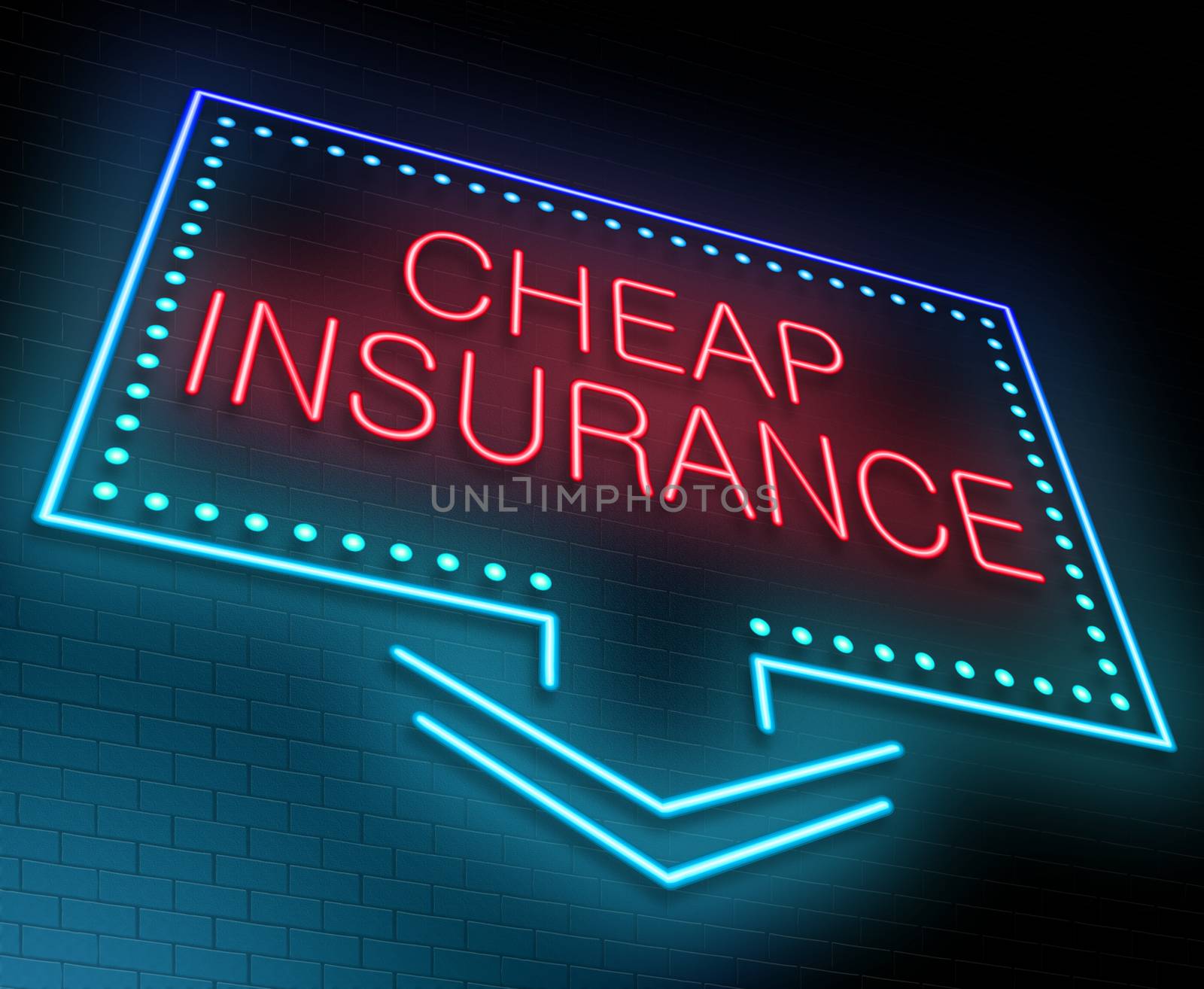 Illustration depicting an illuminated neon sign with a cheap insurance concept.