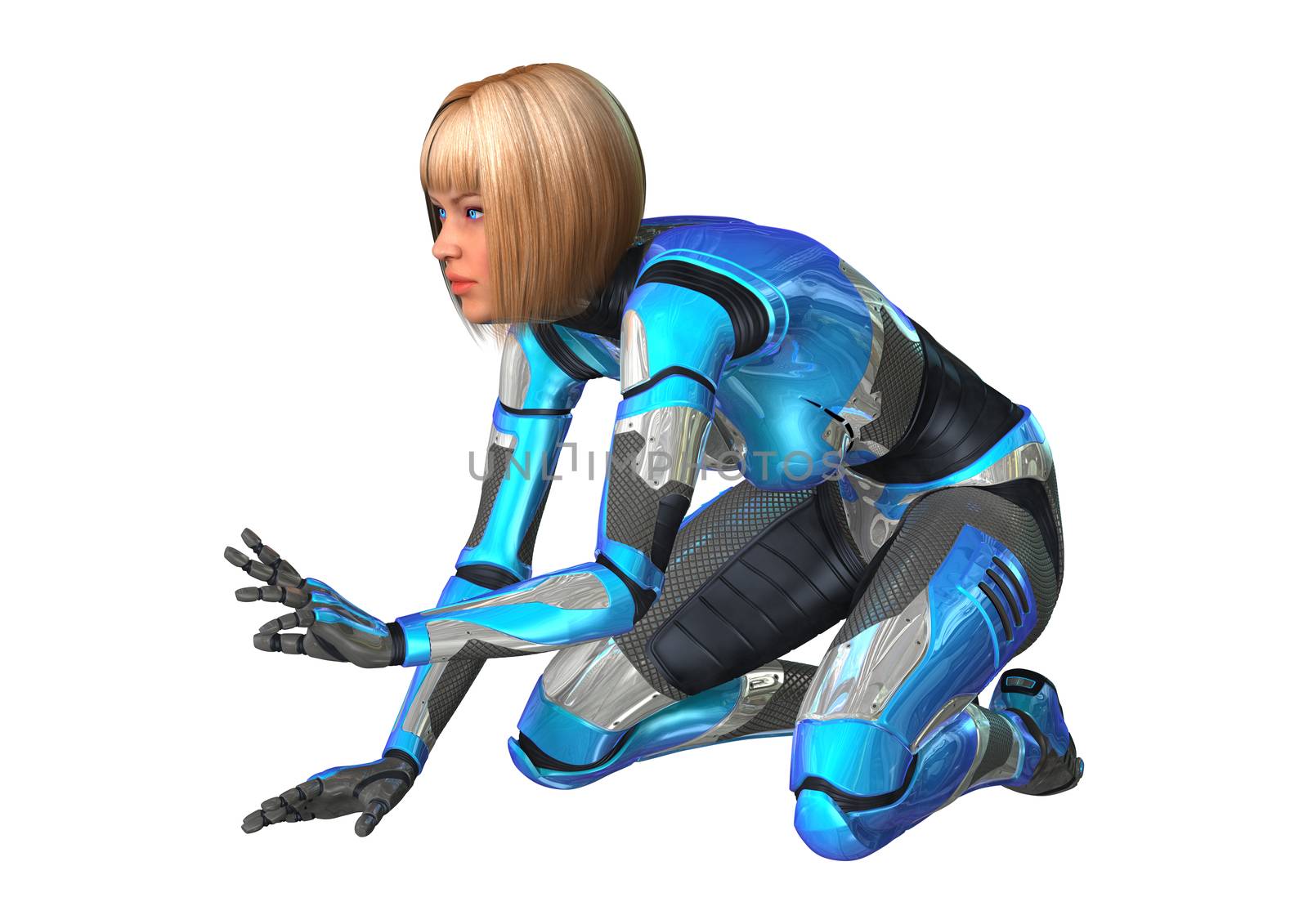 3D digital render of a female cyborg isolated on white background