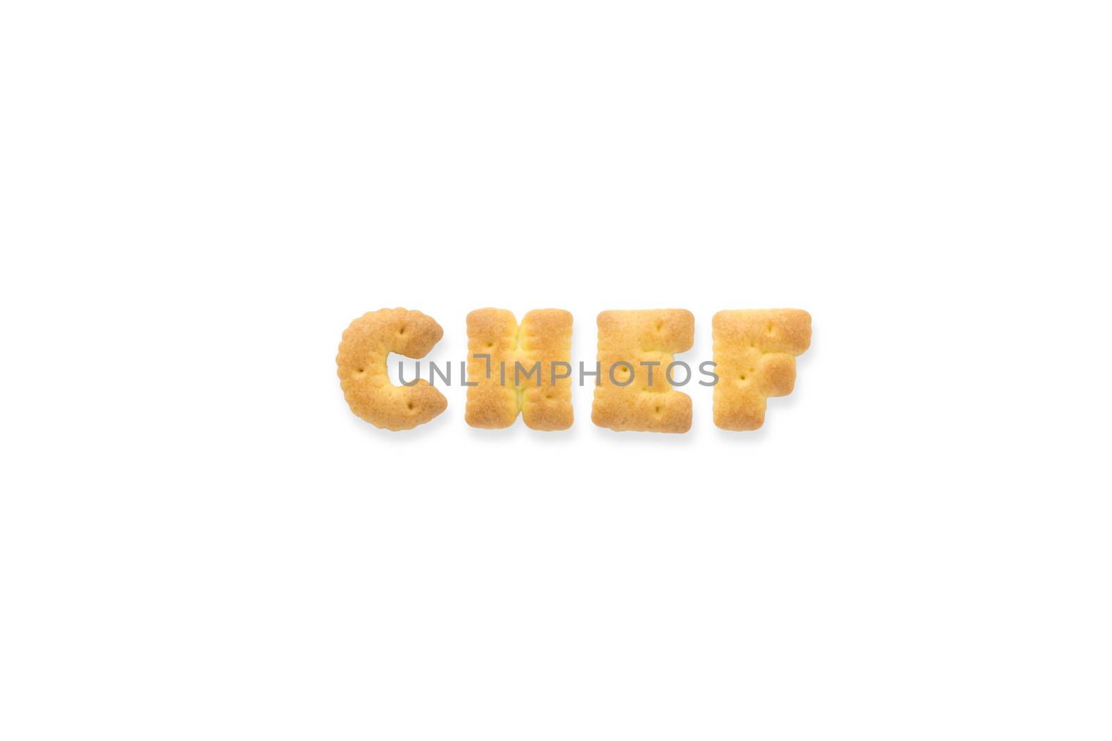 Collage of the capital letters word CHEF. Alphabet cookie biscuits isolated on white background