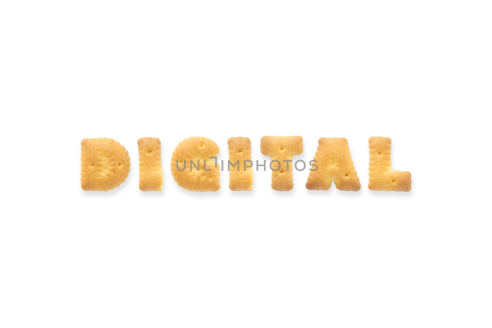 Collage of text word DIGITAL. Alphabet biscuit cracker isolated on white background