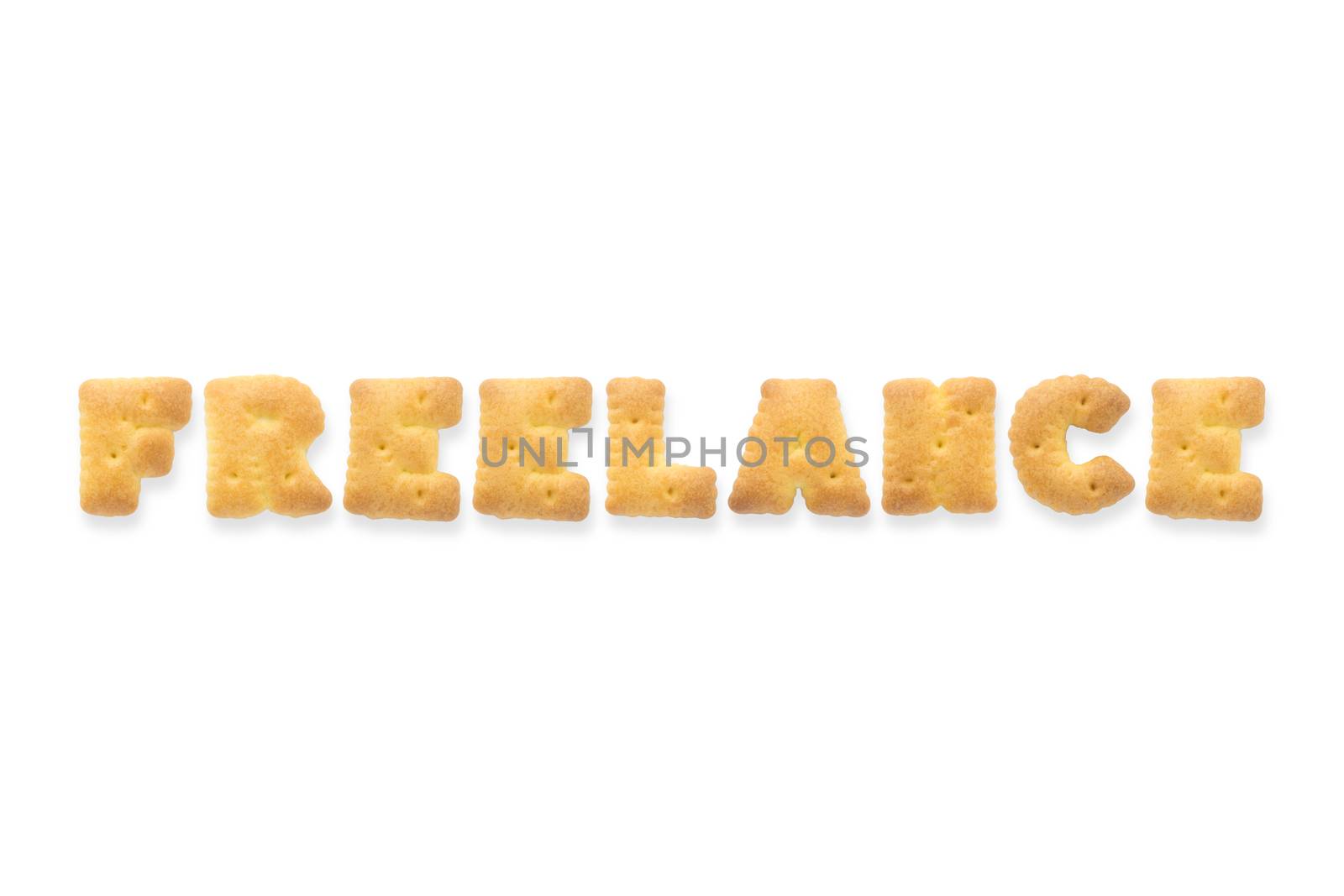 Collage of the character word FREELANCE. Alphabet cookie cracker isolated on white background