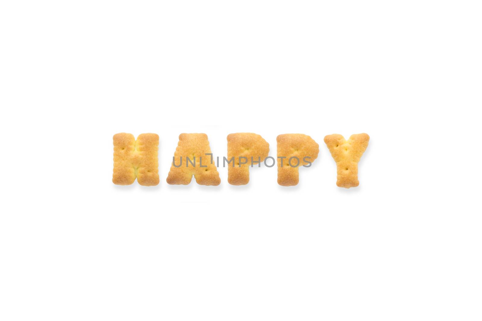 Collage of the uppercase letter-word HAPPY. Alphabet cookie biscuits isolated on white background
