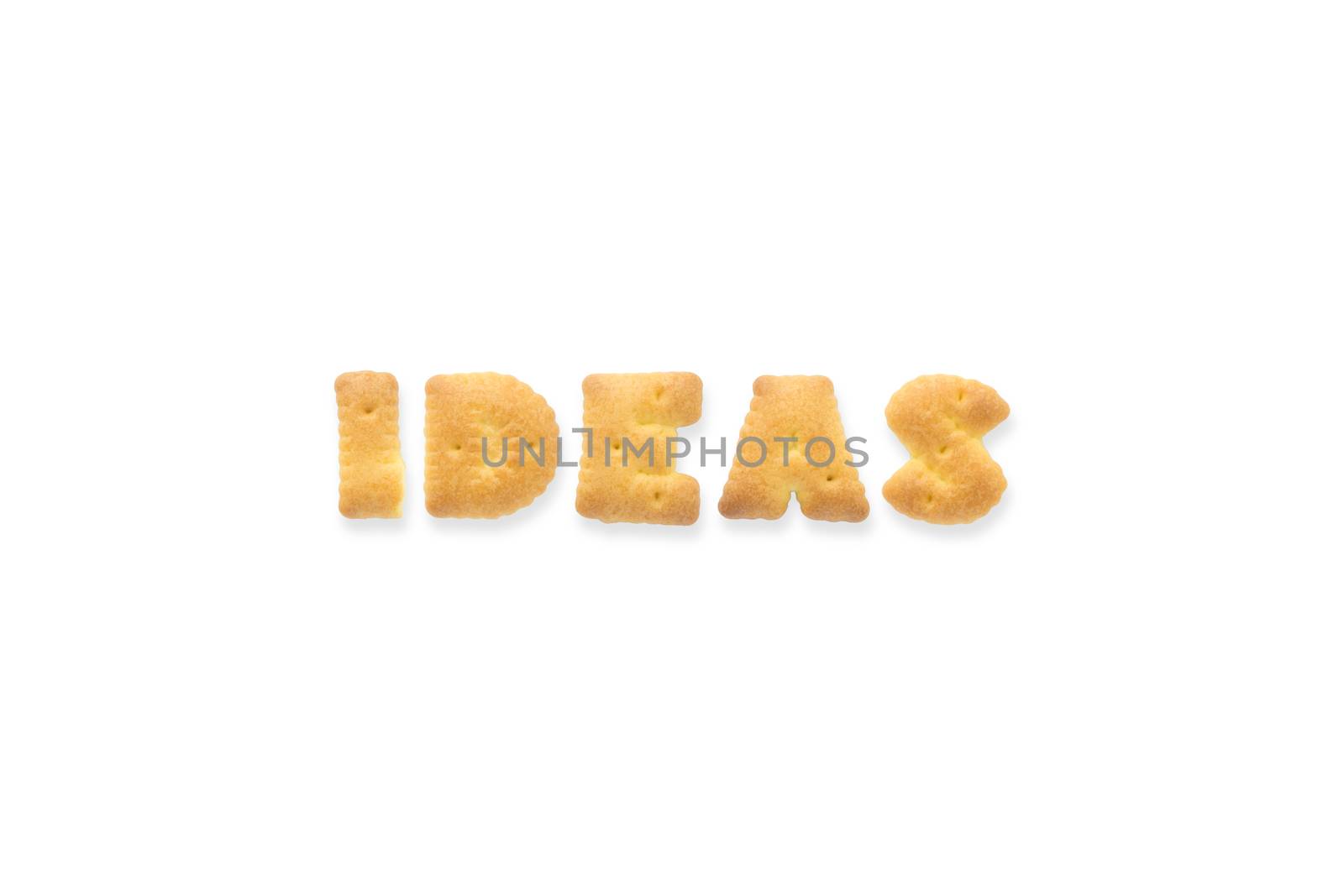 Collage of the uppercase letter-word IDEAS. Alphabet cookie biscuits isolated on white background