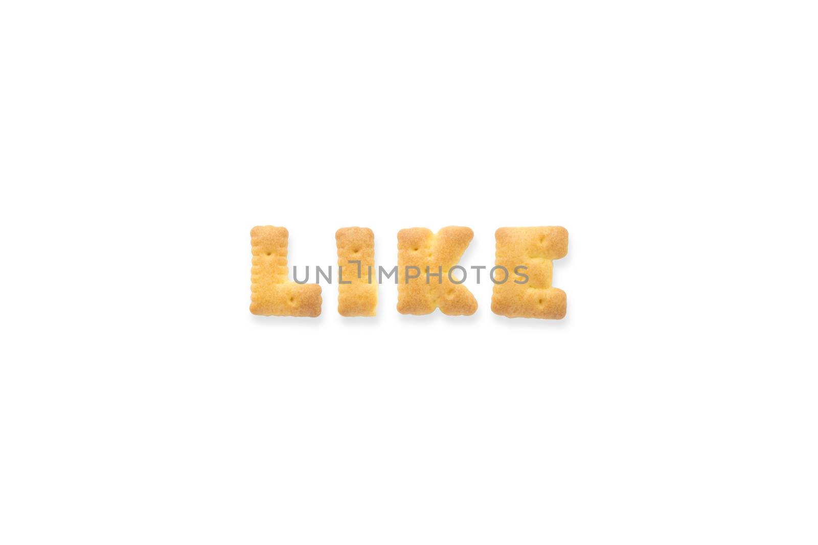 Collage of the uppercase letter-word LIKE. Alphabet cookie biscuits isolated on white background