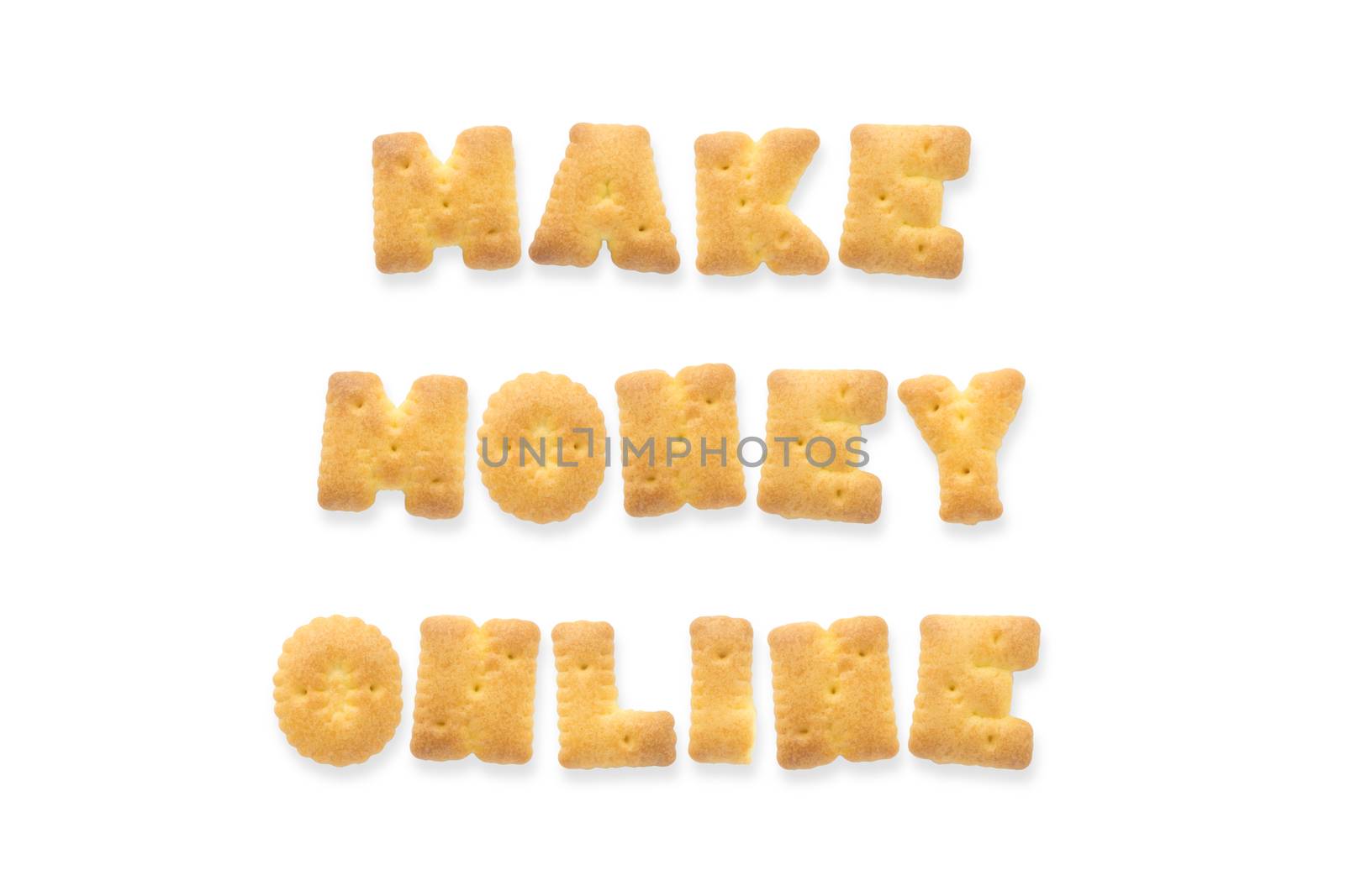 Collage of the character word MAKE MONEY ONLINE. Alphabet cookie cracker isolated on white background