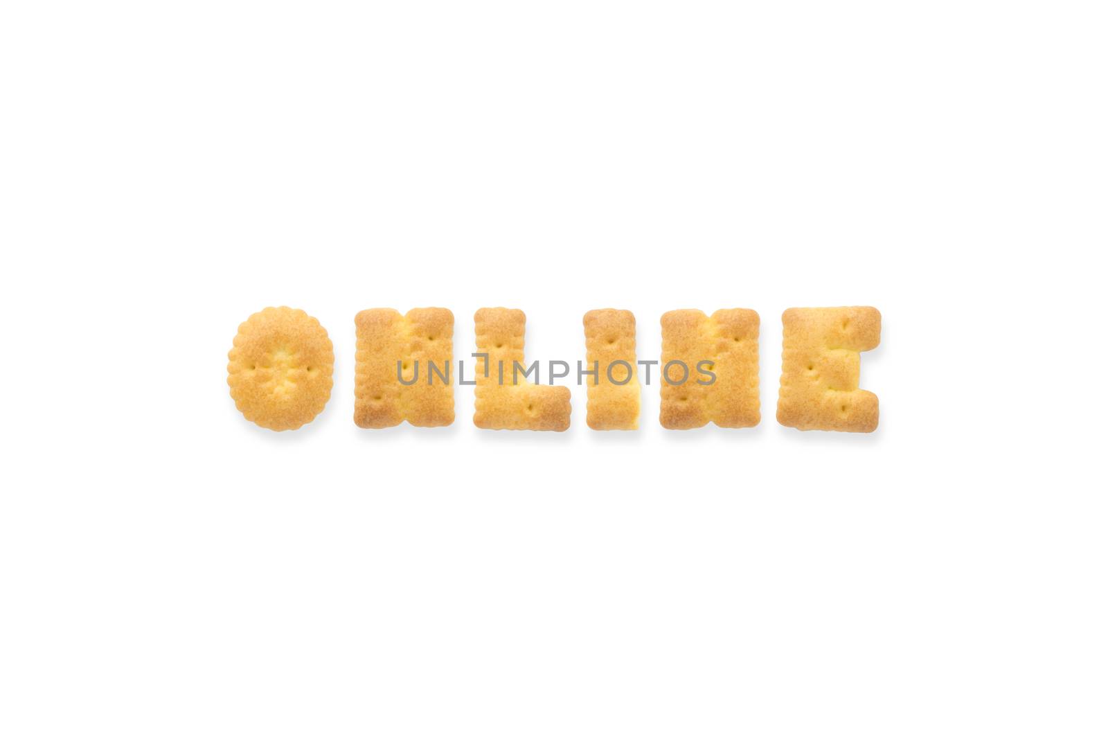Collage of the character word ONLINE. Alphabet cookie cracker isolated on white background