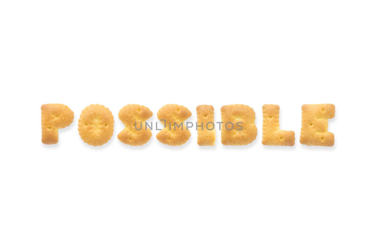 Collage of the capital letters word POSSIBLE. Alphabet cookie biscuits isolated on white background