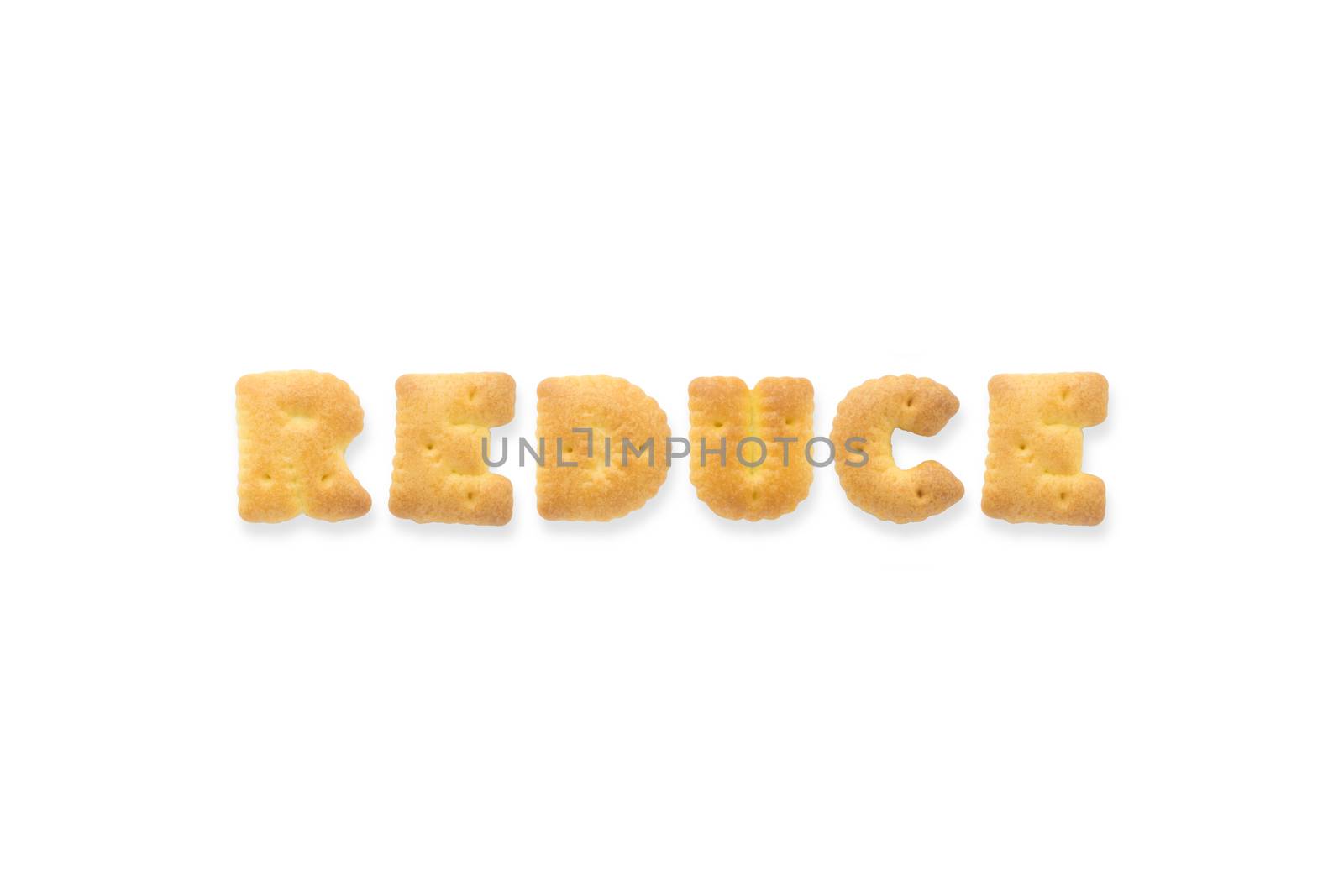 Collage of the uppercase letter-word REDUCE. Alphabet cookie biscuits isolated on white background