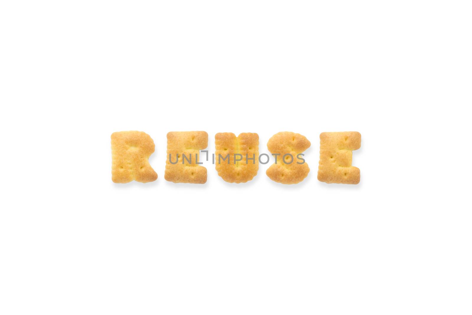 Collage of the uppercase letter-word REUSE. Alphabet cookie biscuits isolated on white background