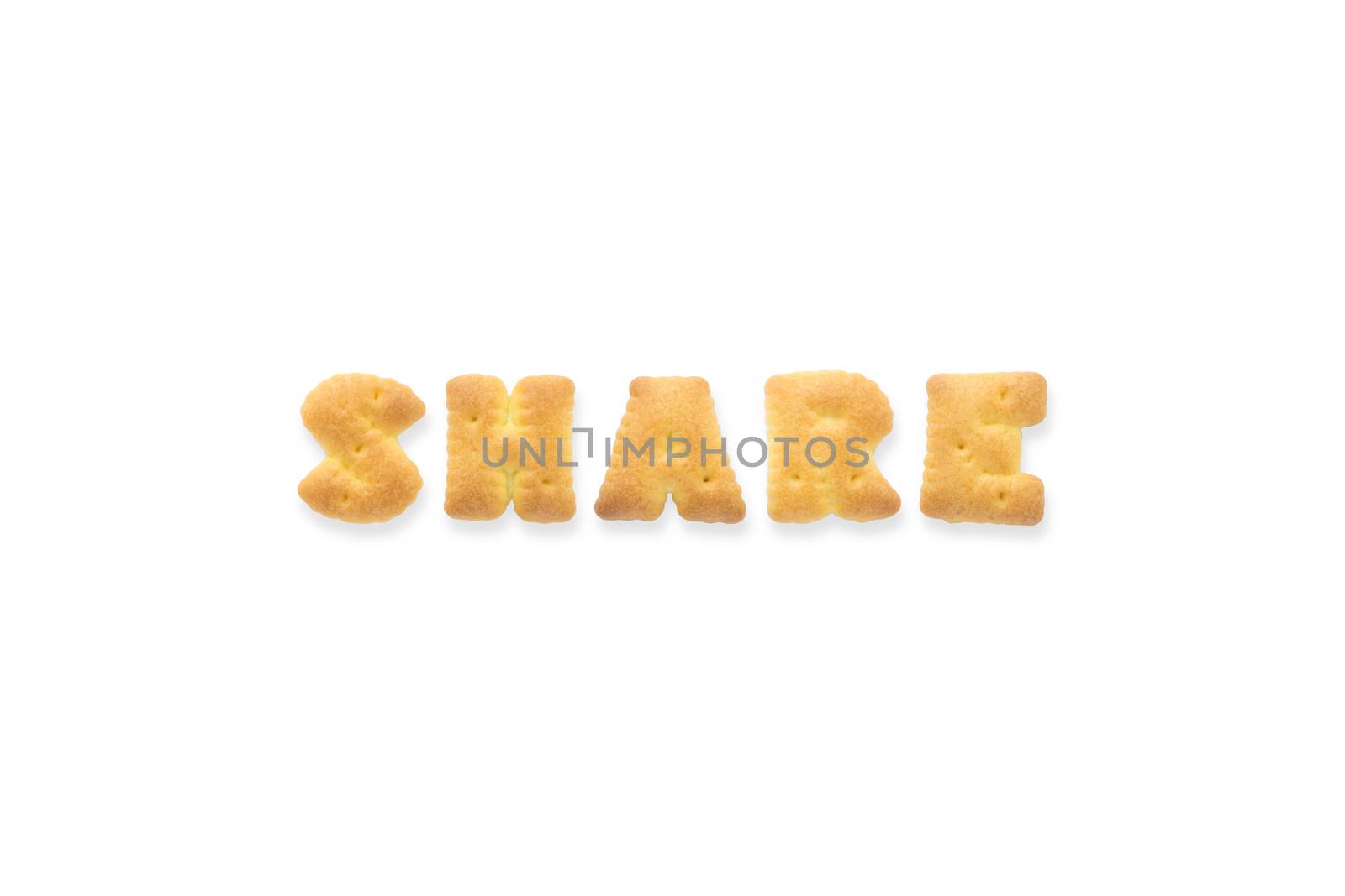 Collage of the capital  letter word SHARE. Alphabet cookie biscuits isolated on white background