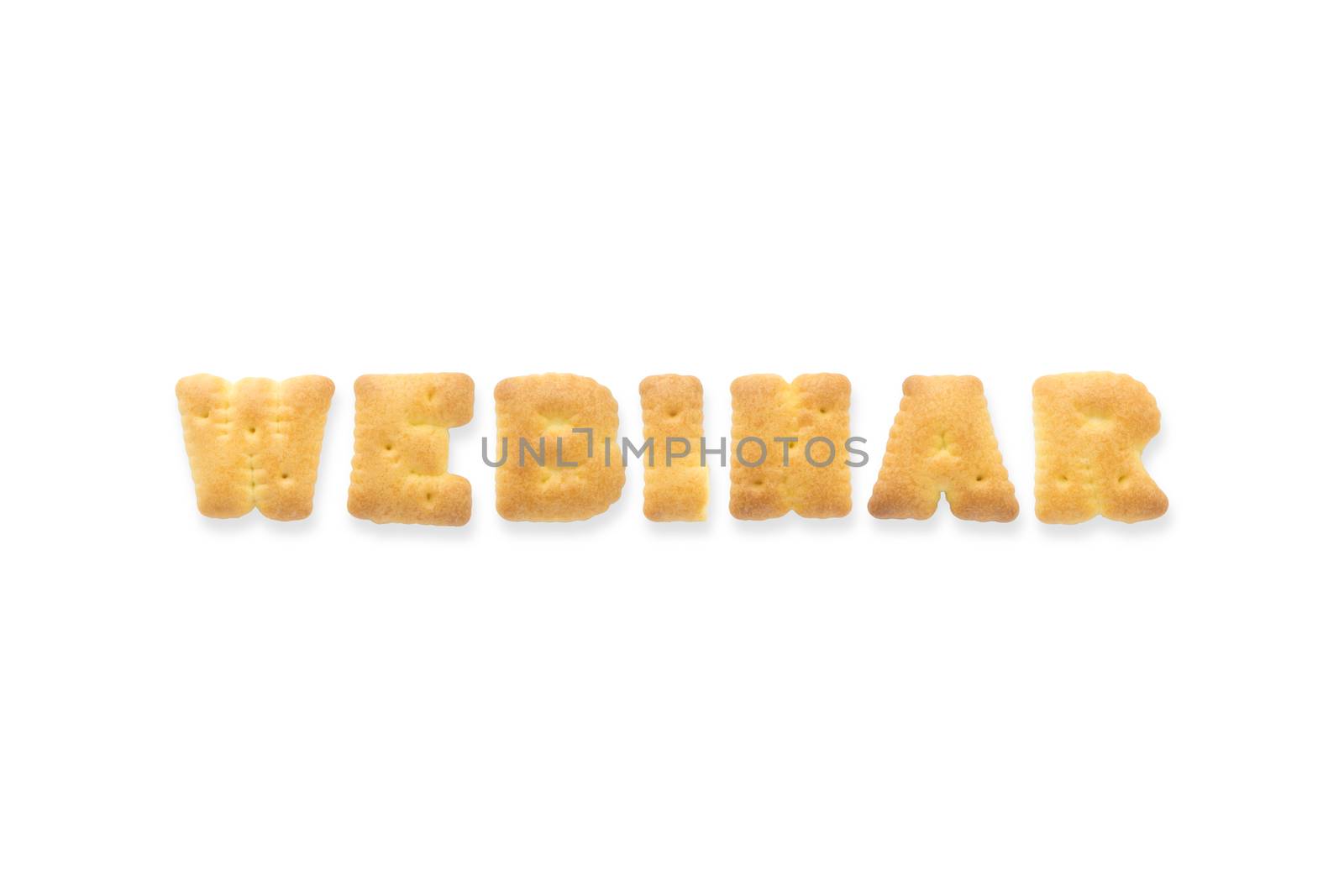 Collage of text word WEBINAR. Alphabet biscuit cracker isolated on white background