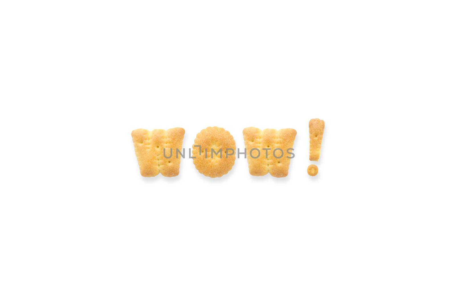Collage of text word WOW. Alphabet biscuit cracker isolated on white background