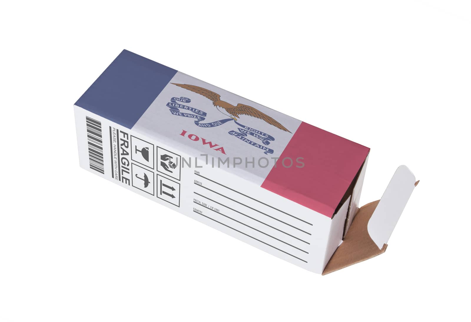 Concept of export, opened paper box - Product of Iowa