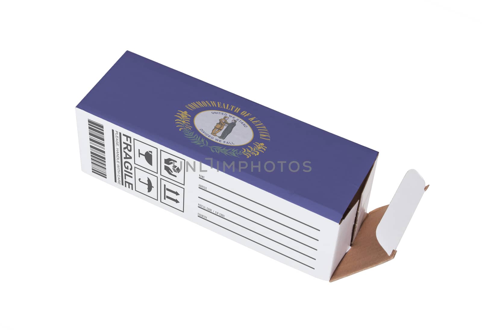 Concept of export, opened paper box - Product of Kentucky