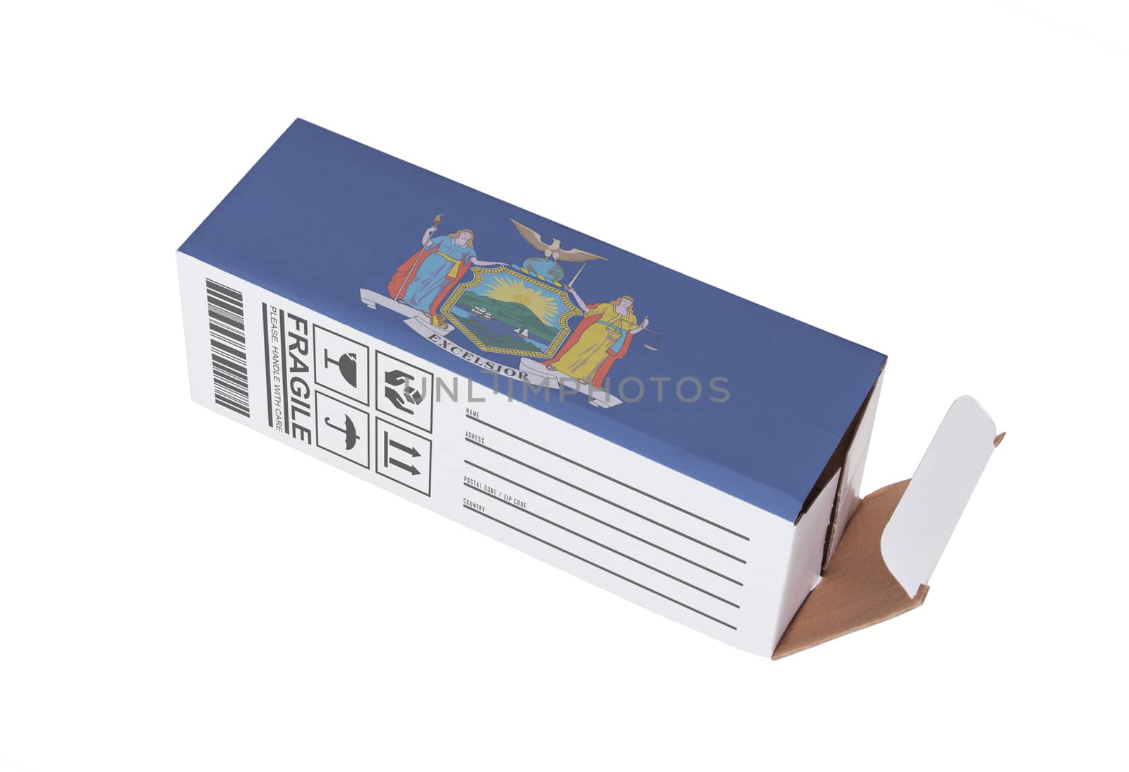 Concept of export, opened paper box - Product of New York