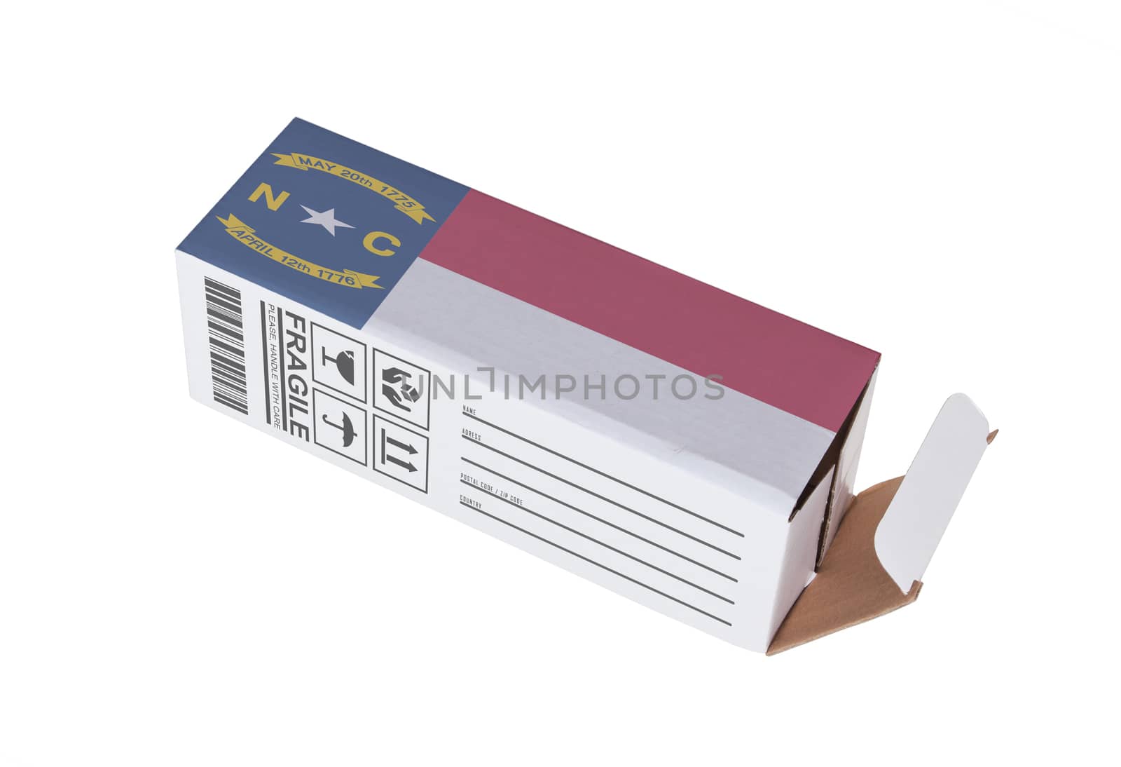 Concept of export, opened paper box - Product of North Carolina