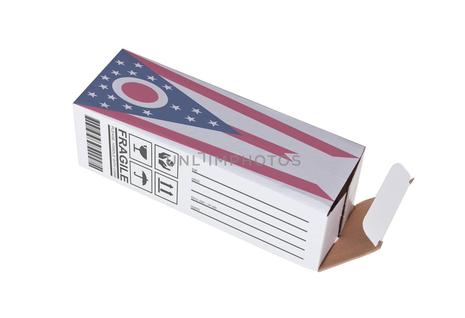 Concept of export, opened paper box - Product of Ohio