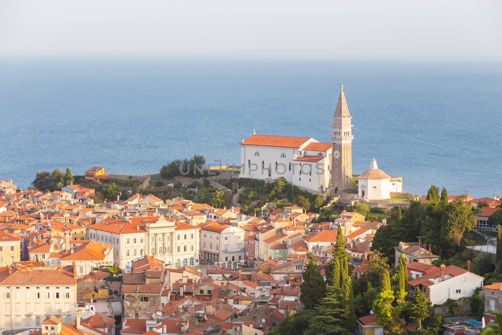St. George's Parish Church in picturesque old town Piran, Slovenia. Senic panoramic view.