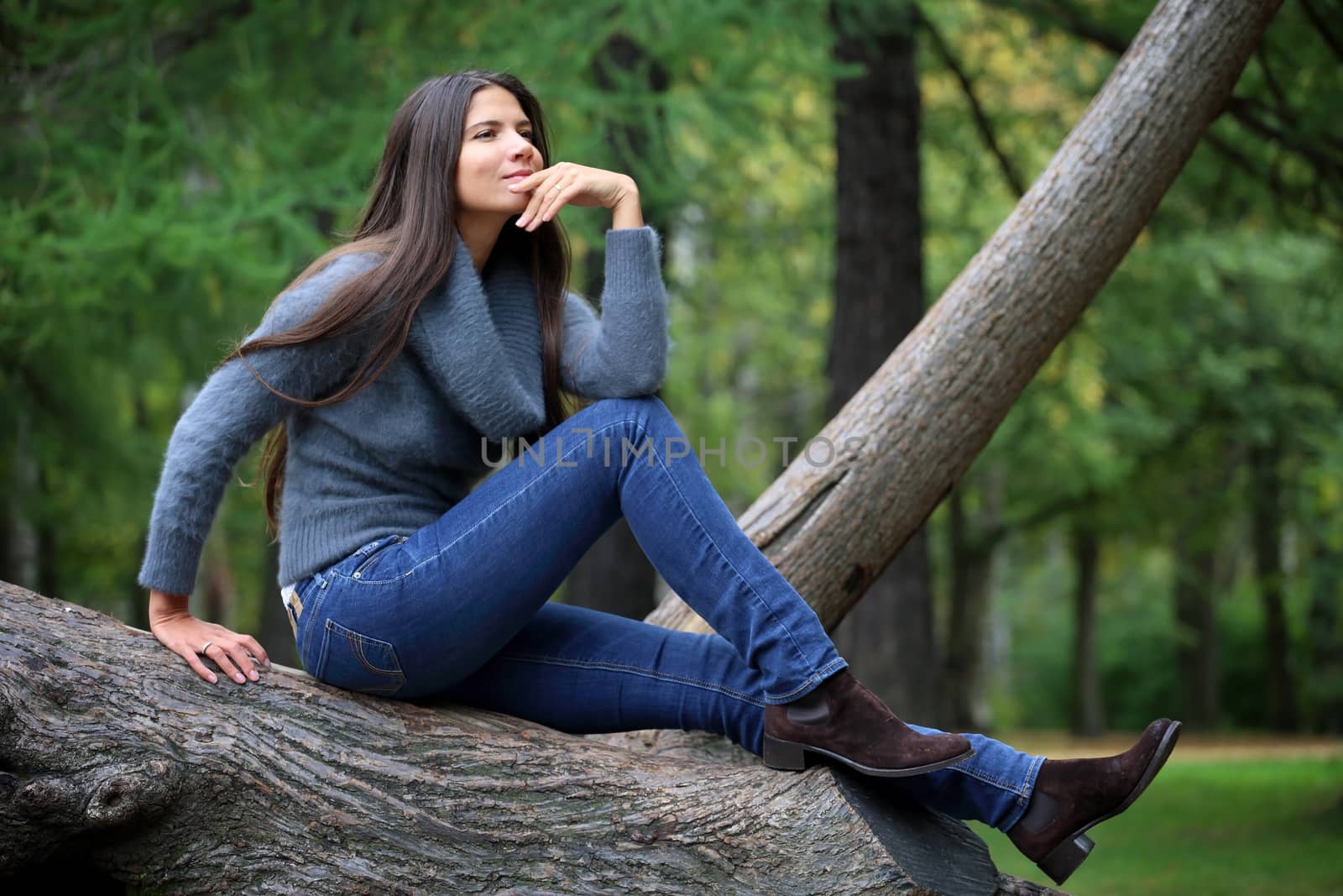 Beautiful brunette woman sitting on tree in park