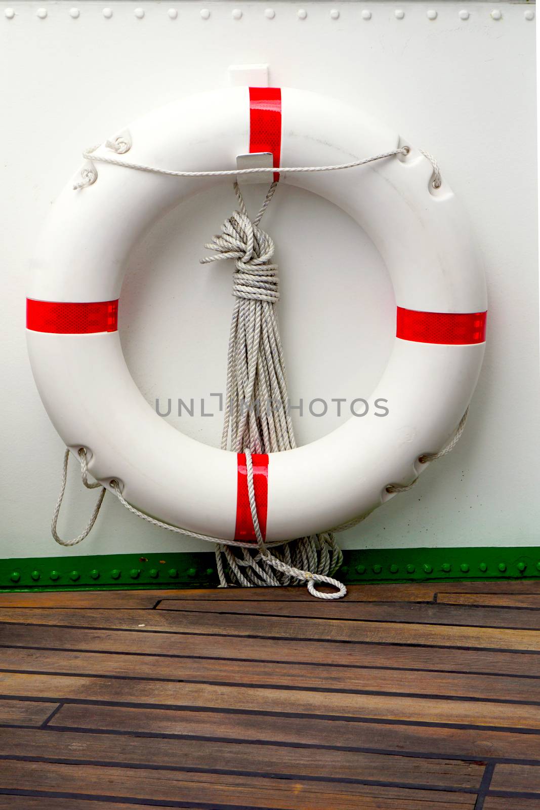 Boat wooden deck swim ring close up