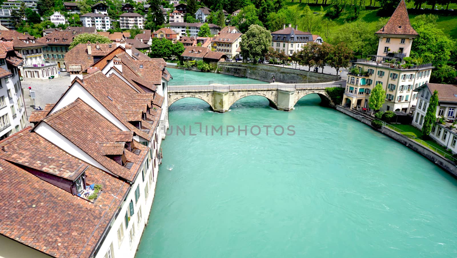 Landscape historical old town city and river on bridge in Bern, Switzerland