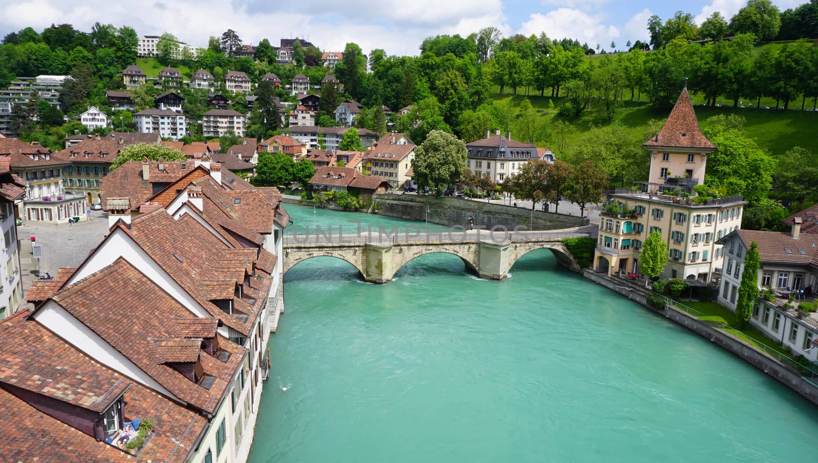 historical old town city and river on bridge in Bern, Switzerland