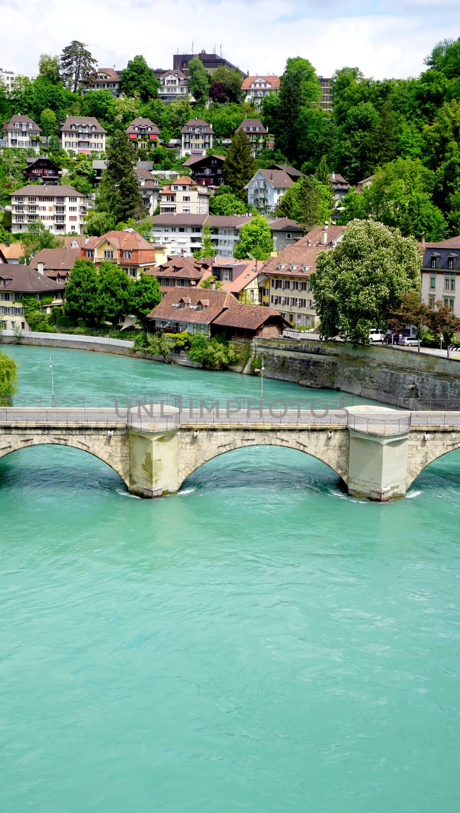 Scene of river on bridge in Bern, Switzerland