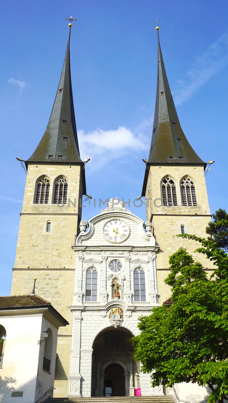Famous historical church (Hofkirche cathedral) in Lucerne, Switzerland