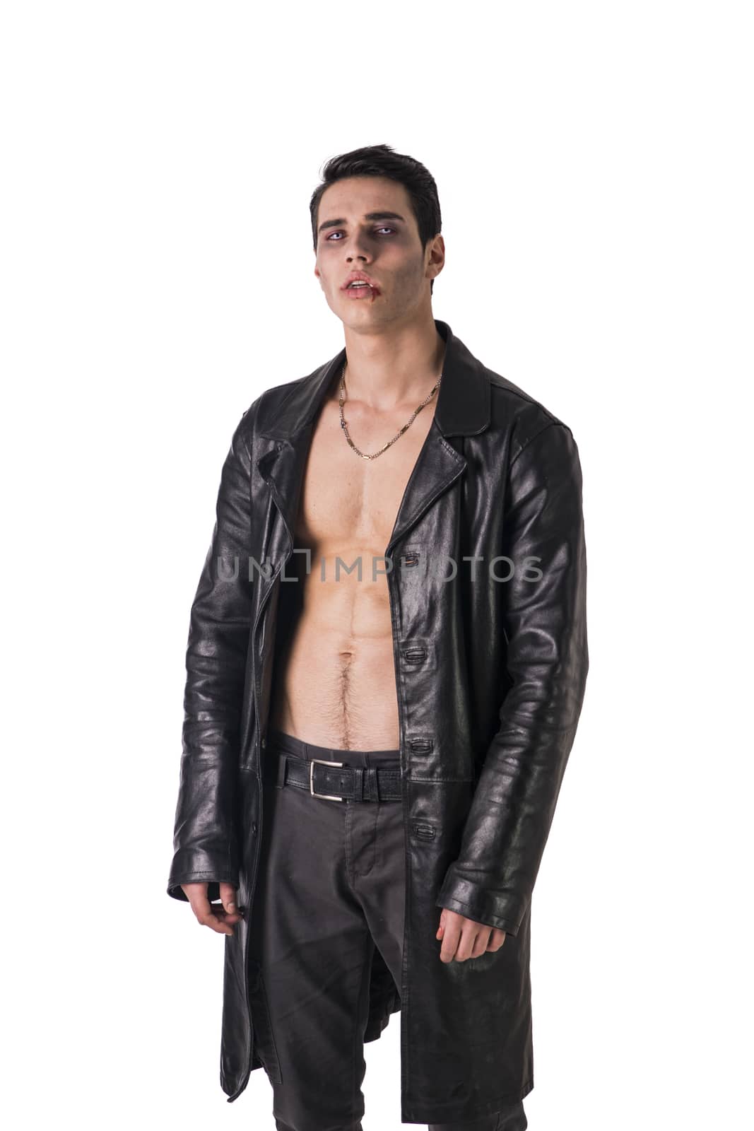 Young Vampire Man in an Open Black Leather Jacket, Showing his Chest and Abs by artofphoto