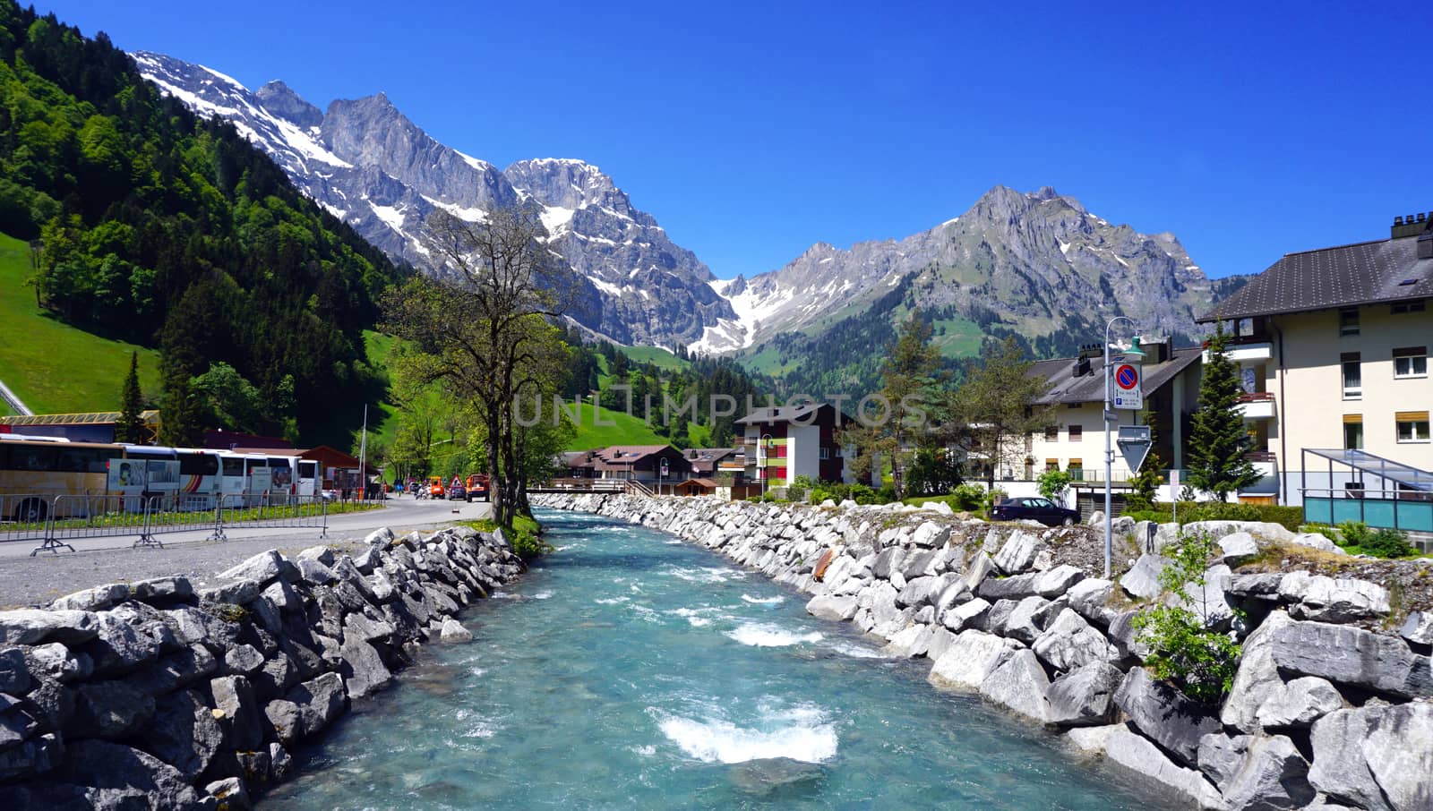 River and  titlis mountains  Engelberg, Switzerland