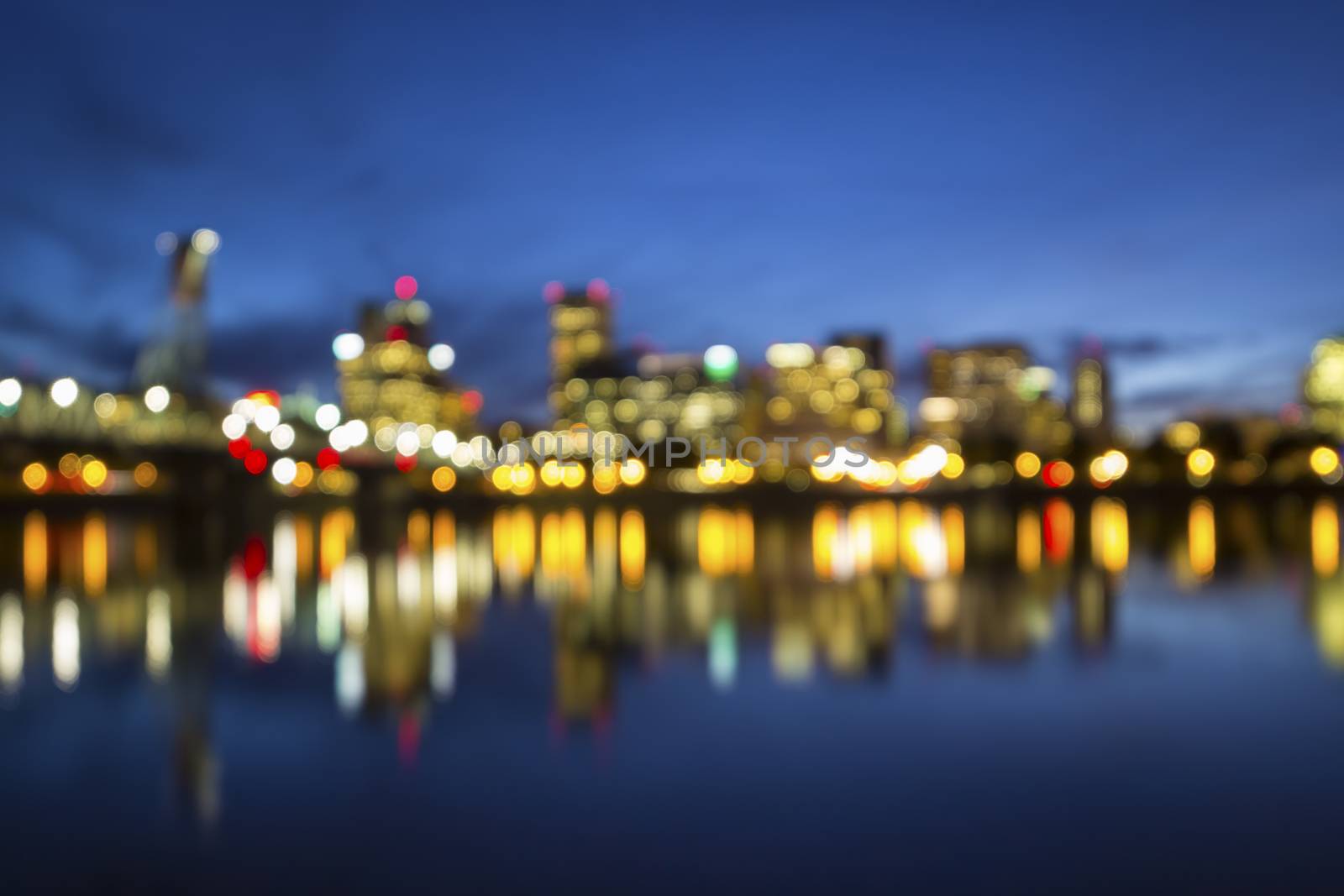 Portland Oregon downtown City Skyline during Blue Hour Blurred Defocused Abstract Bokeh Background