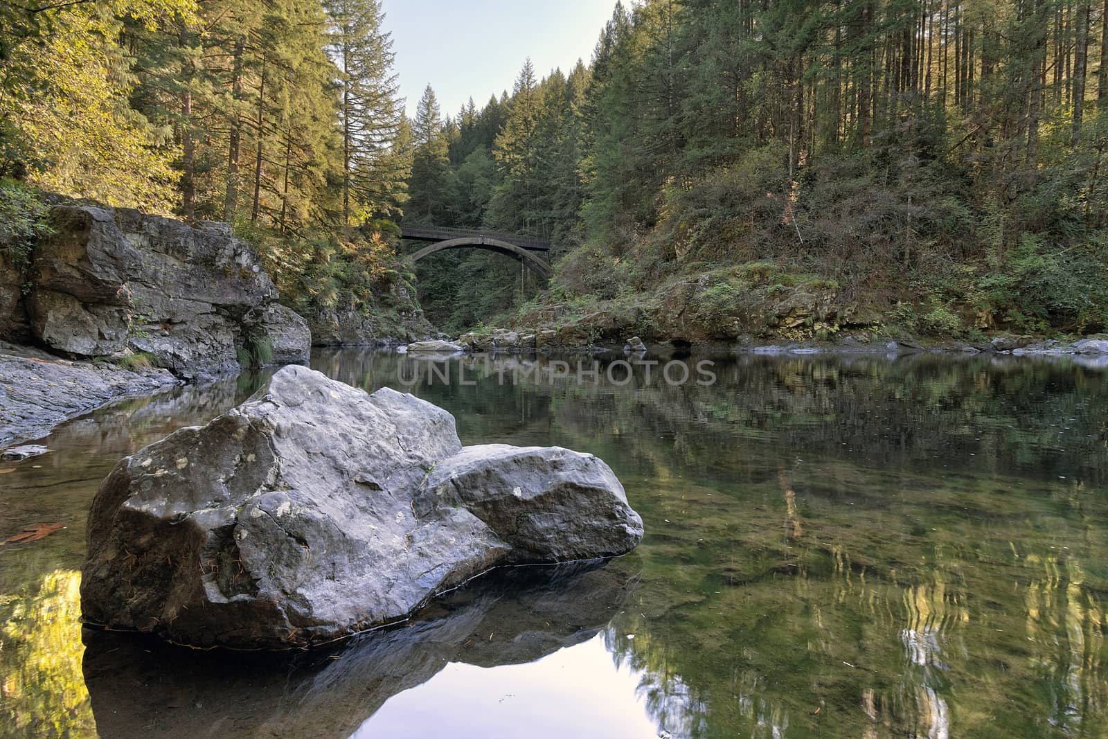 Arch Bridge Over Lewis River at Moulton Falls Park in Washington State